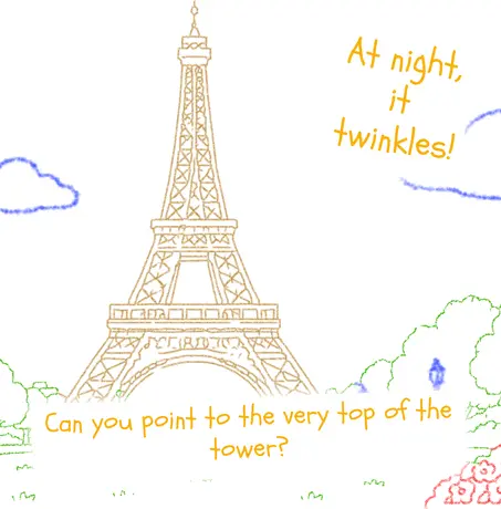 At night, it twinkles! Can you point to the very top of the tower?